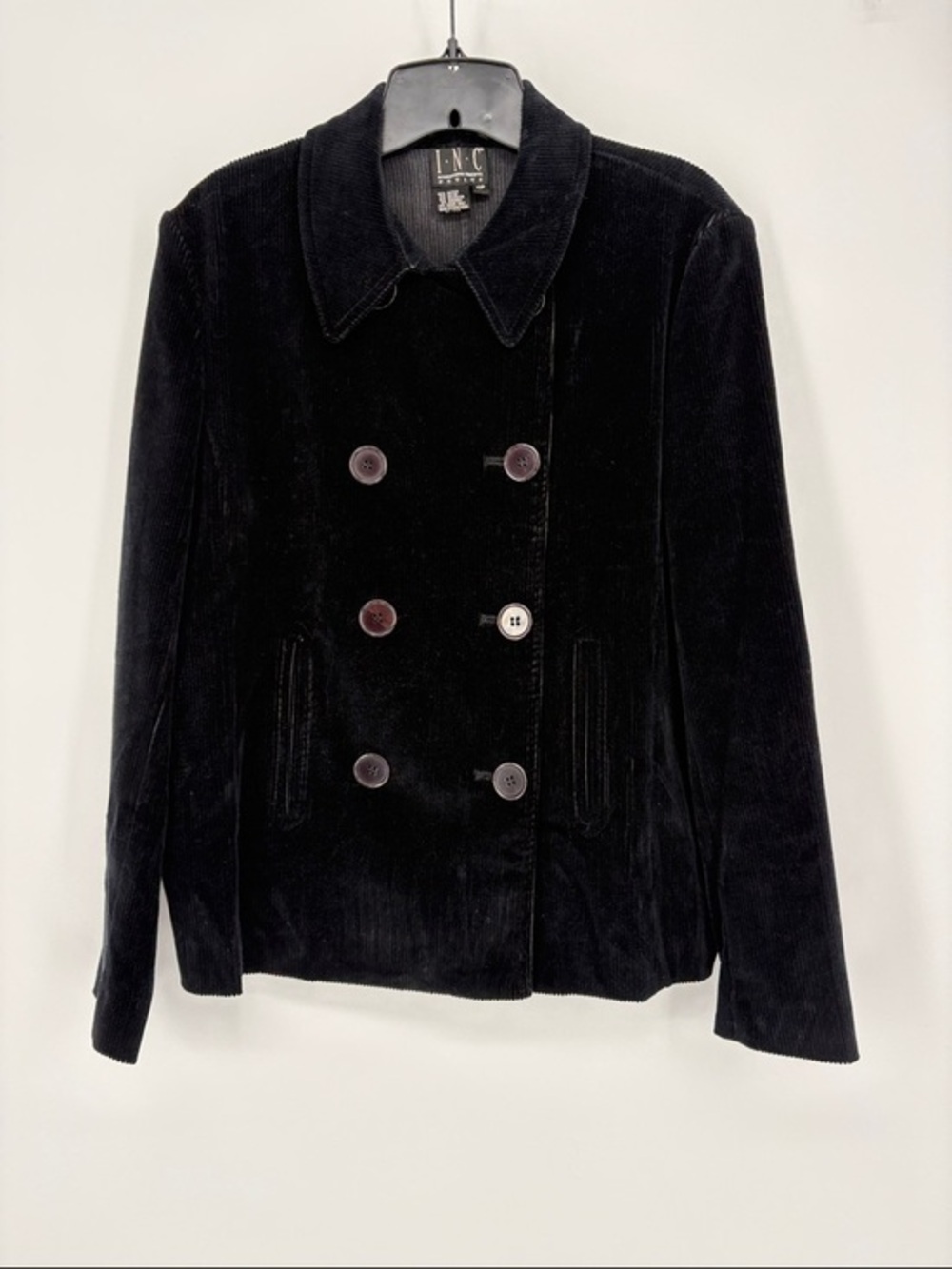 🐝 INC International Concepts Black Corduroy Double-Breasted Peacoat
